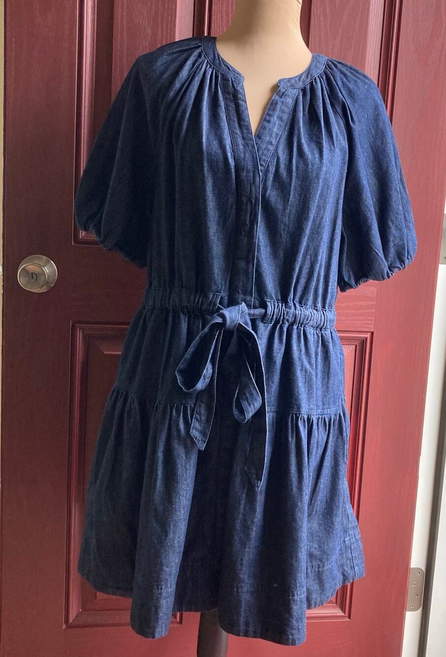 Free Assembly Denim Midi Dress M Blue VNeck Puff Sleeve Tie Belt Cottage Peasant